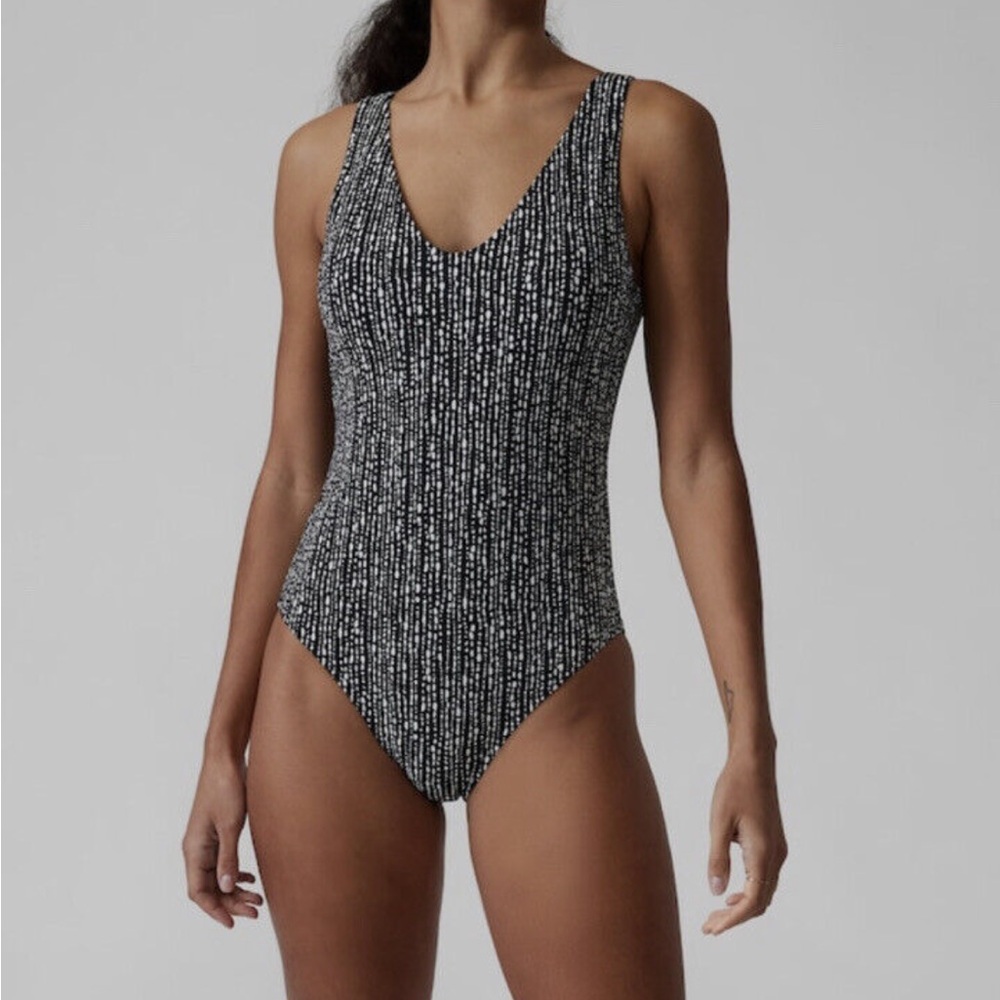 Athleta Seychelles Black and White One Piece Swimsuit V-Neck